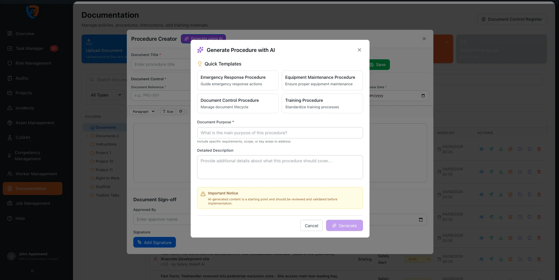 Generating a procedure with AI in Safety Mate® from quick templates with review notice and sign-off