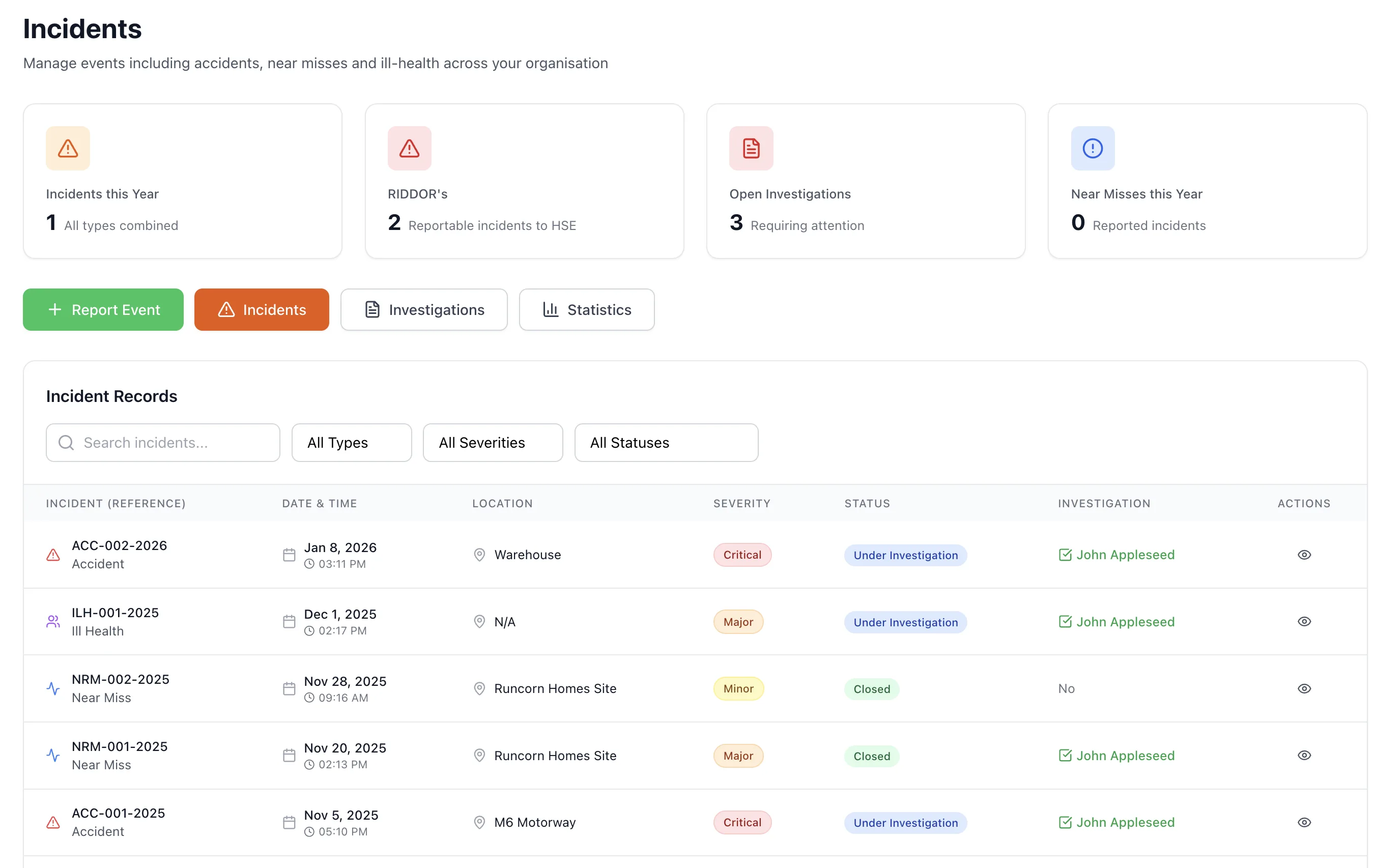 Safety Mate® incident overview screen
