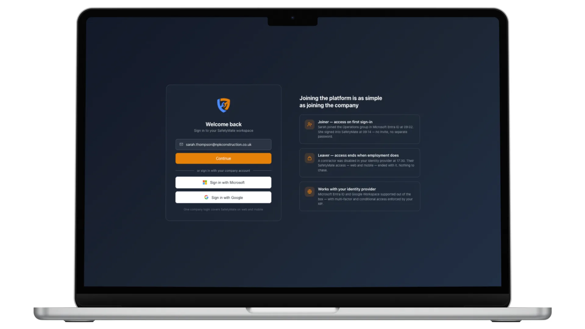 Signing in to Safety Mate® with single sign-on