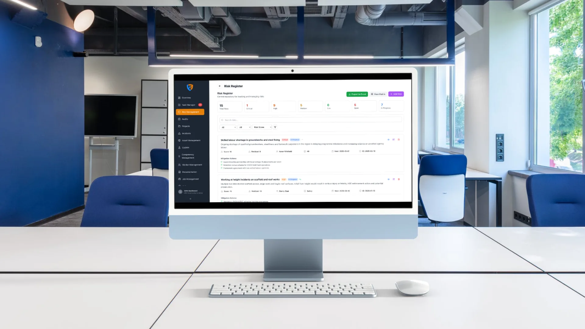 Live risk register in Safety Mate® showing assessments, owners and review status